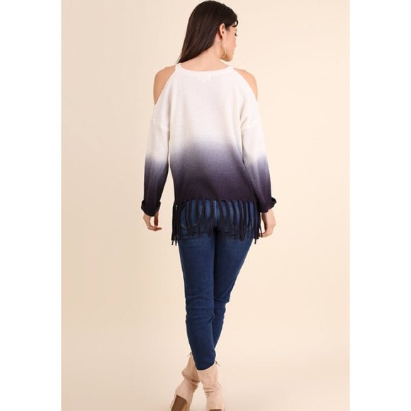 Umgee Ombre Cold Shoulder Fringe Sweater, Navy - Picture 5 of 6